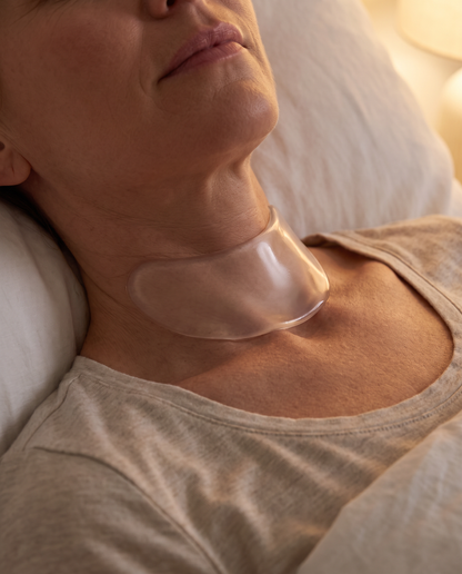 Woman wearing the clear neck patch in bed at night