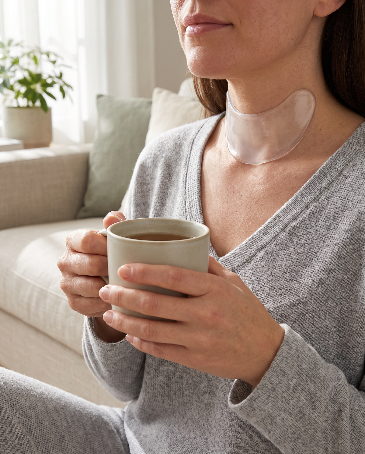 Wearing the neck patch while relaxing at home